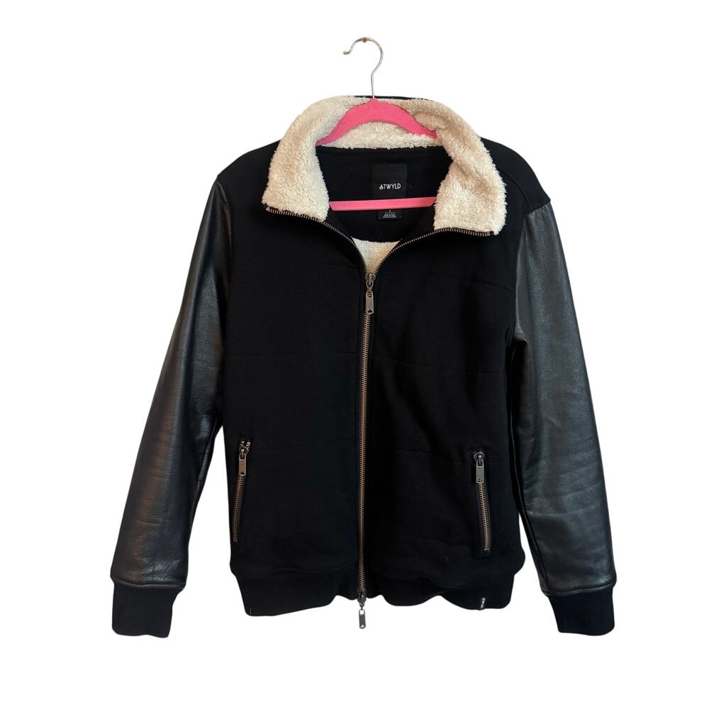 ATWYLD Black Faux Leather Sleeve Sherpa Lined Jacket Women’s Large Moto Zip Coat